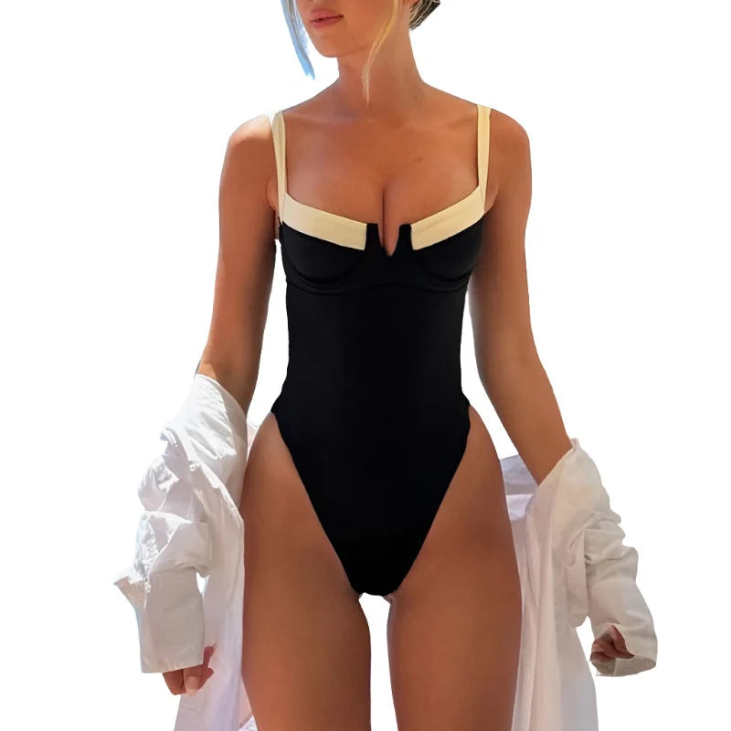 Women's black and white stitching sexy U-neck one-piece bikini swimsuit