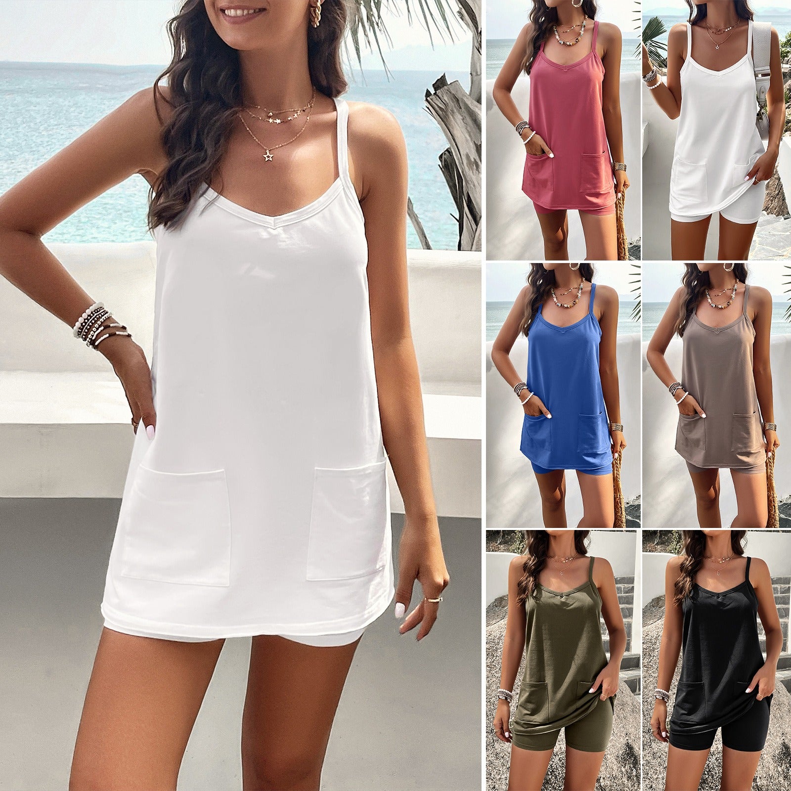 2 Piece Summer Outfits for Women Beach Vacation Lounge Sets Spaghetti Strap Cami Tunic Tank Tops with Pockets Shorts Sets