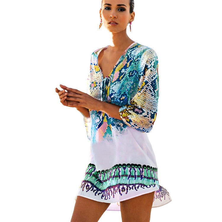 Women's Lightweight Swimsuit Kimono Cover Up, Chiffon Snake Print