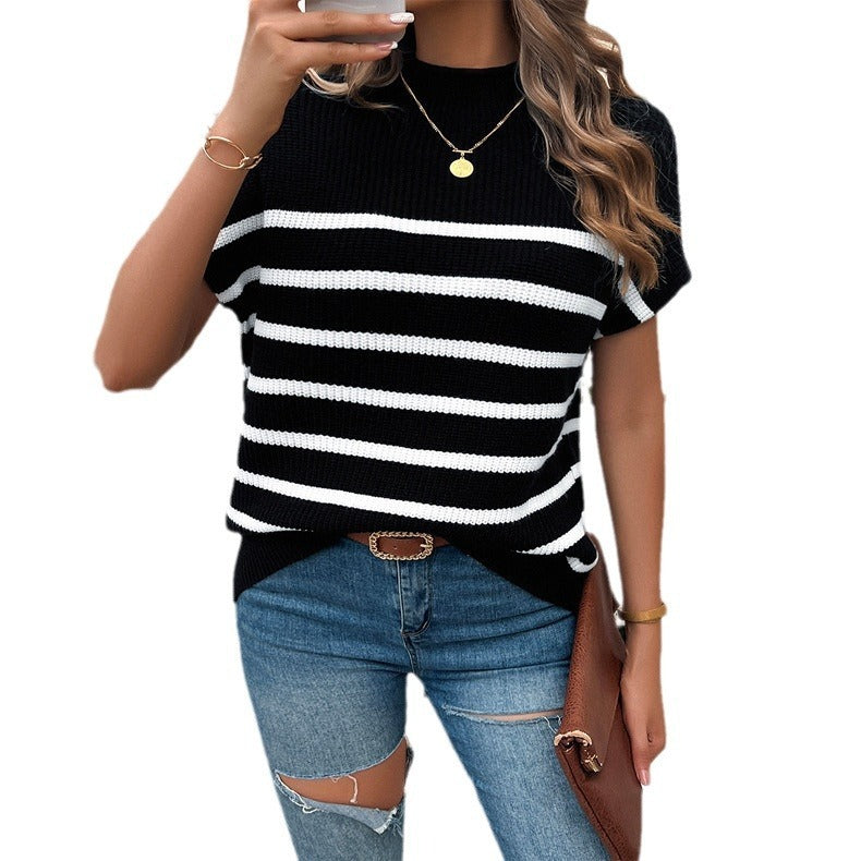 Striped Mock Neck Short Sleeve Sweater