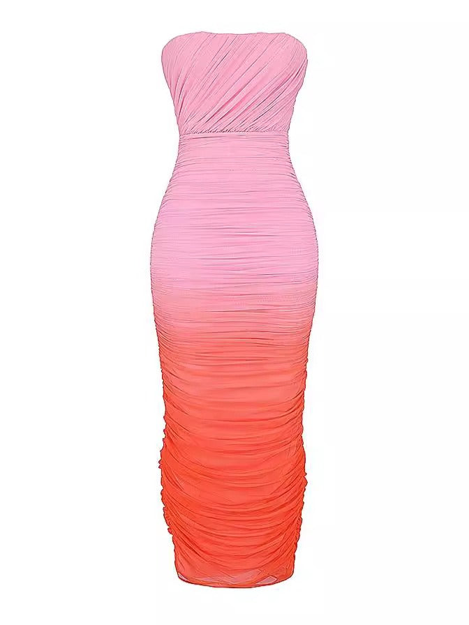 Strapless Mesh Gradient Mid-Length Dress - Perfect for Romantic Dinner Dates & Weddings