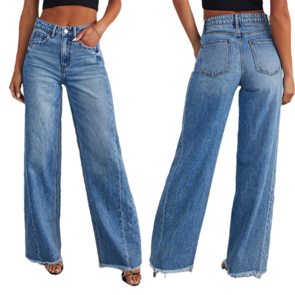 Blue High Rise Tummy Control Vintage Wash Jeans Women Wide Leg Jeans