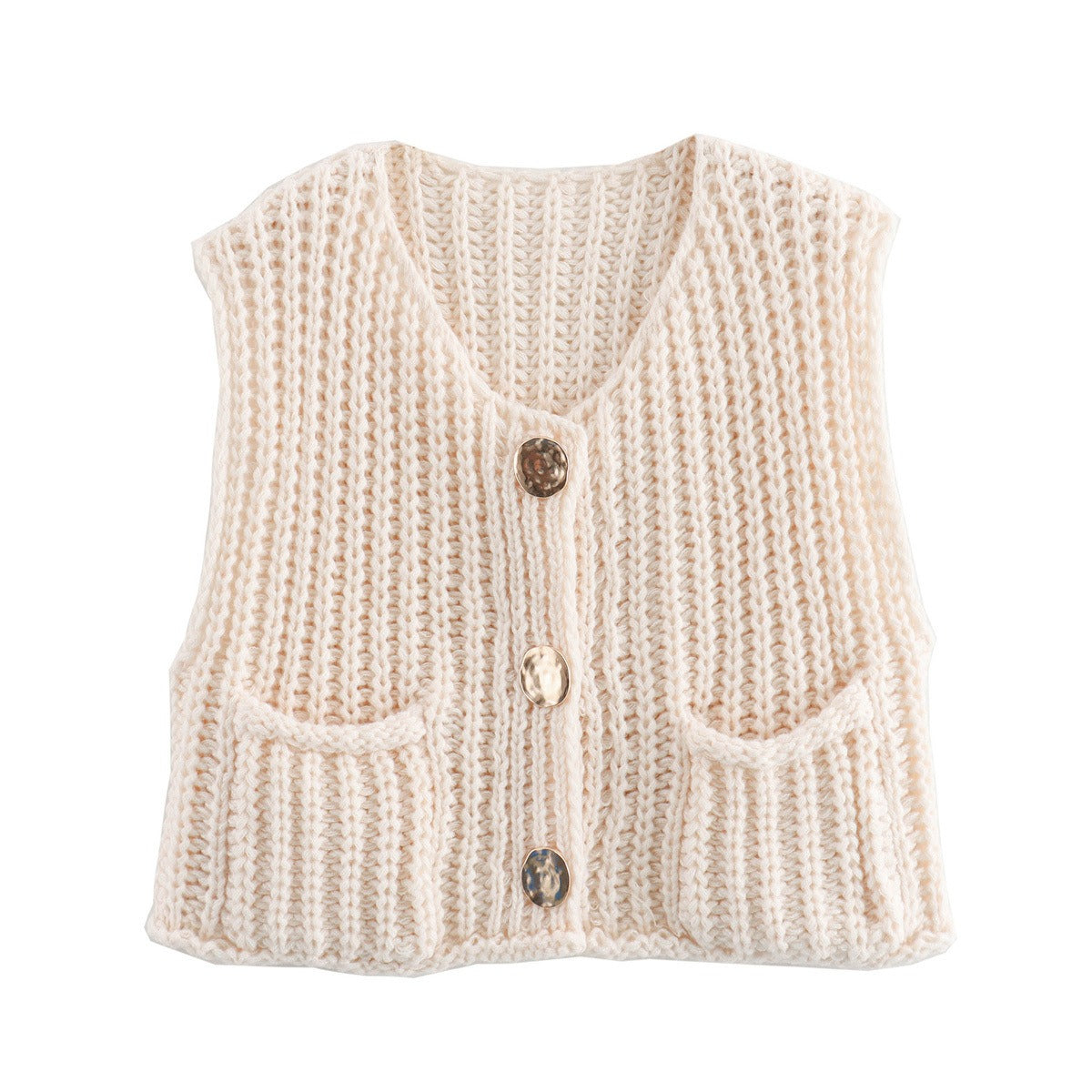 Women's pocket sleeveless short knitted cardigan Vest