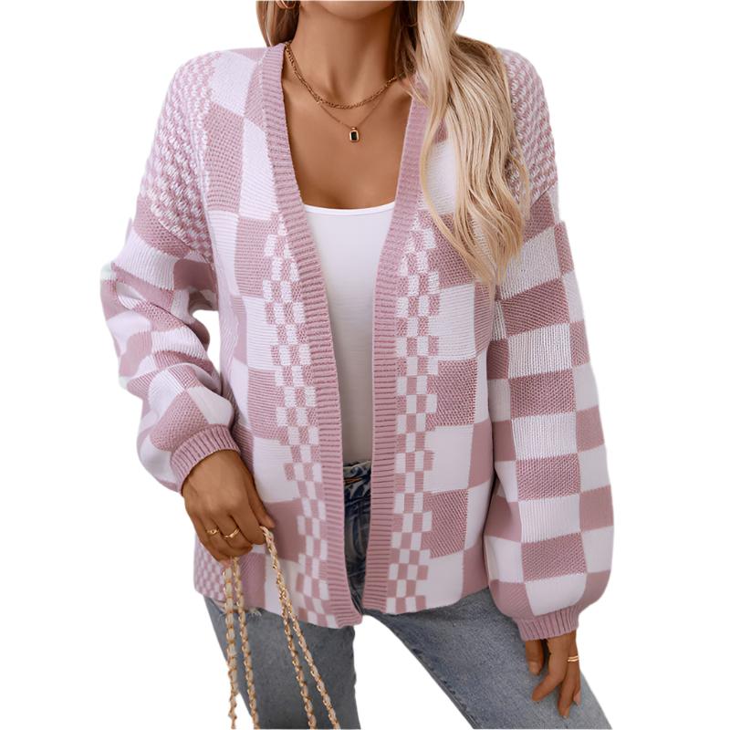 Women's Plaid V-Neck Color Block Cardigan - Casual Knitwear for Autumn/Winter