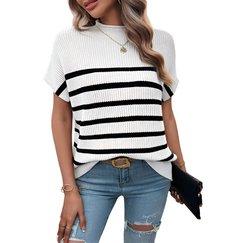 Striped Mock Neck Short Sleeve Sweater, white color