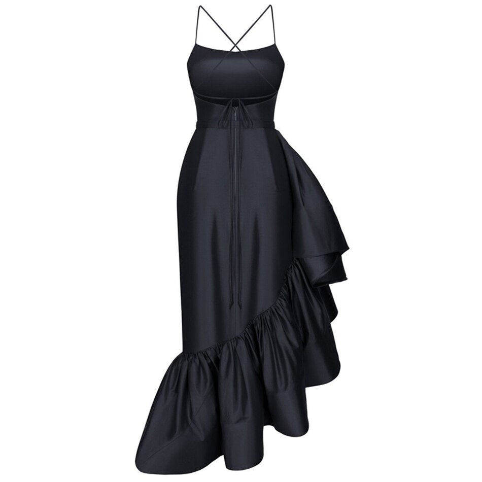 Asymmetrical Ruffle Square Neck Sleeveless Satin Midi Dress for Cocktail Parties