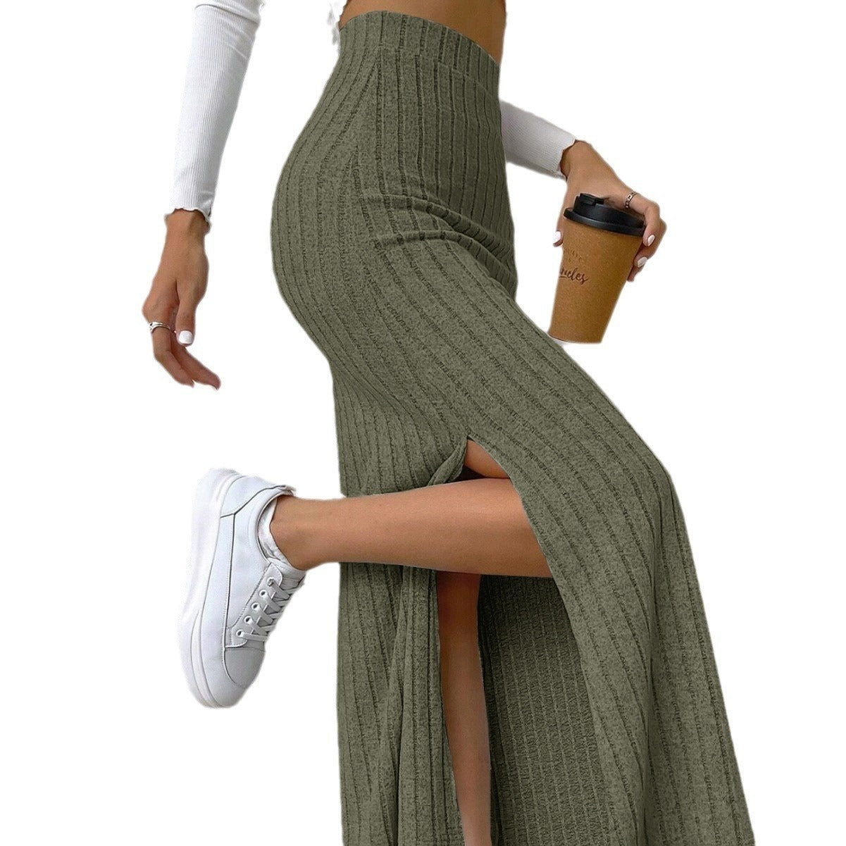 High Waist Side Slit Slim Fit Knitted Skirt - Women's Trendy Culottes