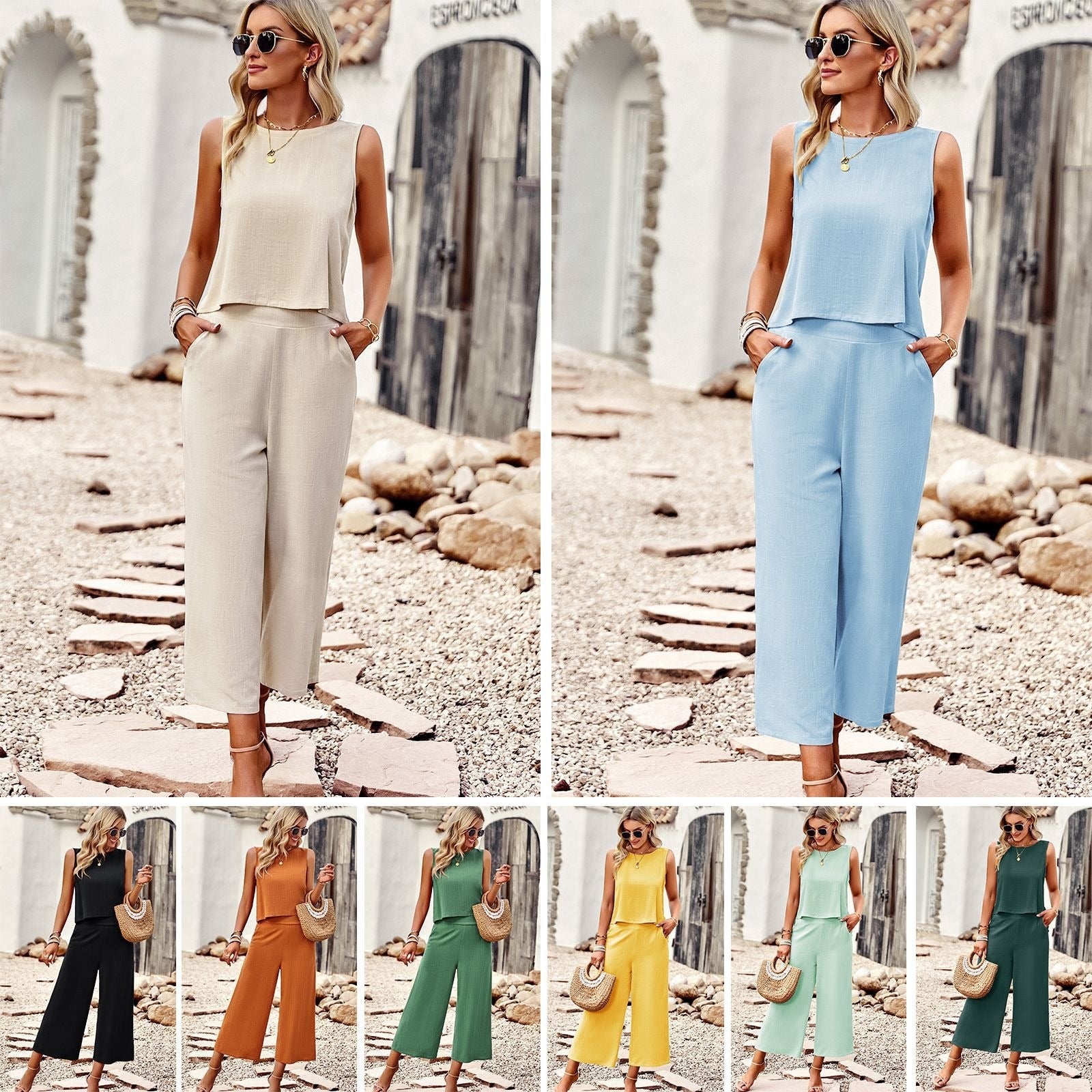 Fashion set, women's summer temperament, sleeveless top, cropped pants, two-piece set