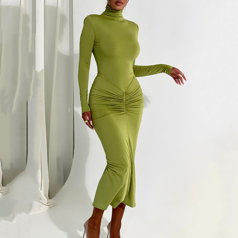 Winter New Half-high Neck Green Dress Long-Sleeved Dress Fashion Sexy Spicy Temperament Tight Long Purple Dresses