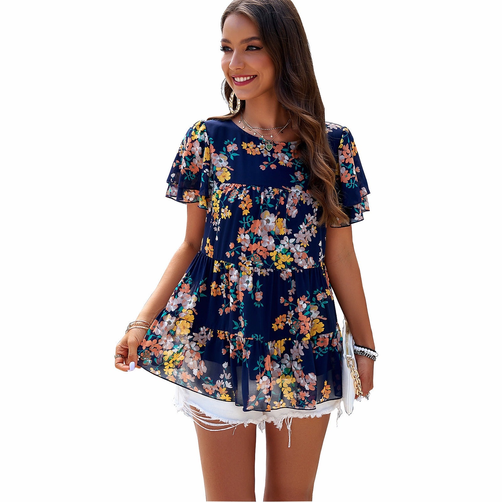 Spring and summer temperament casual printed short sleeved top