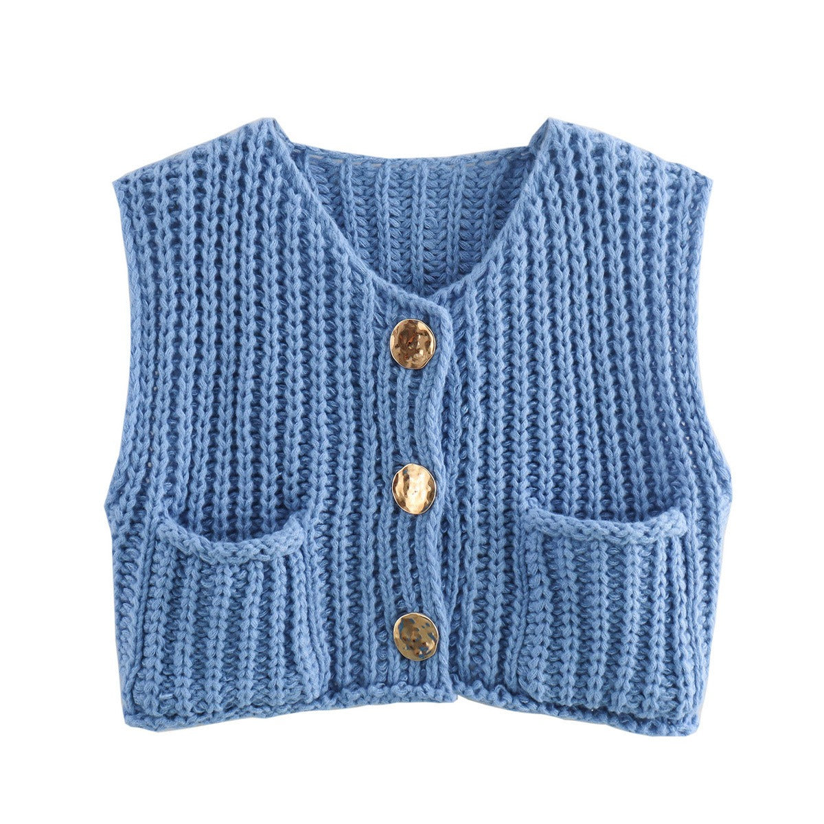 Women's pocket sleeveless short knitted cardigan Vest