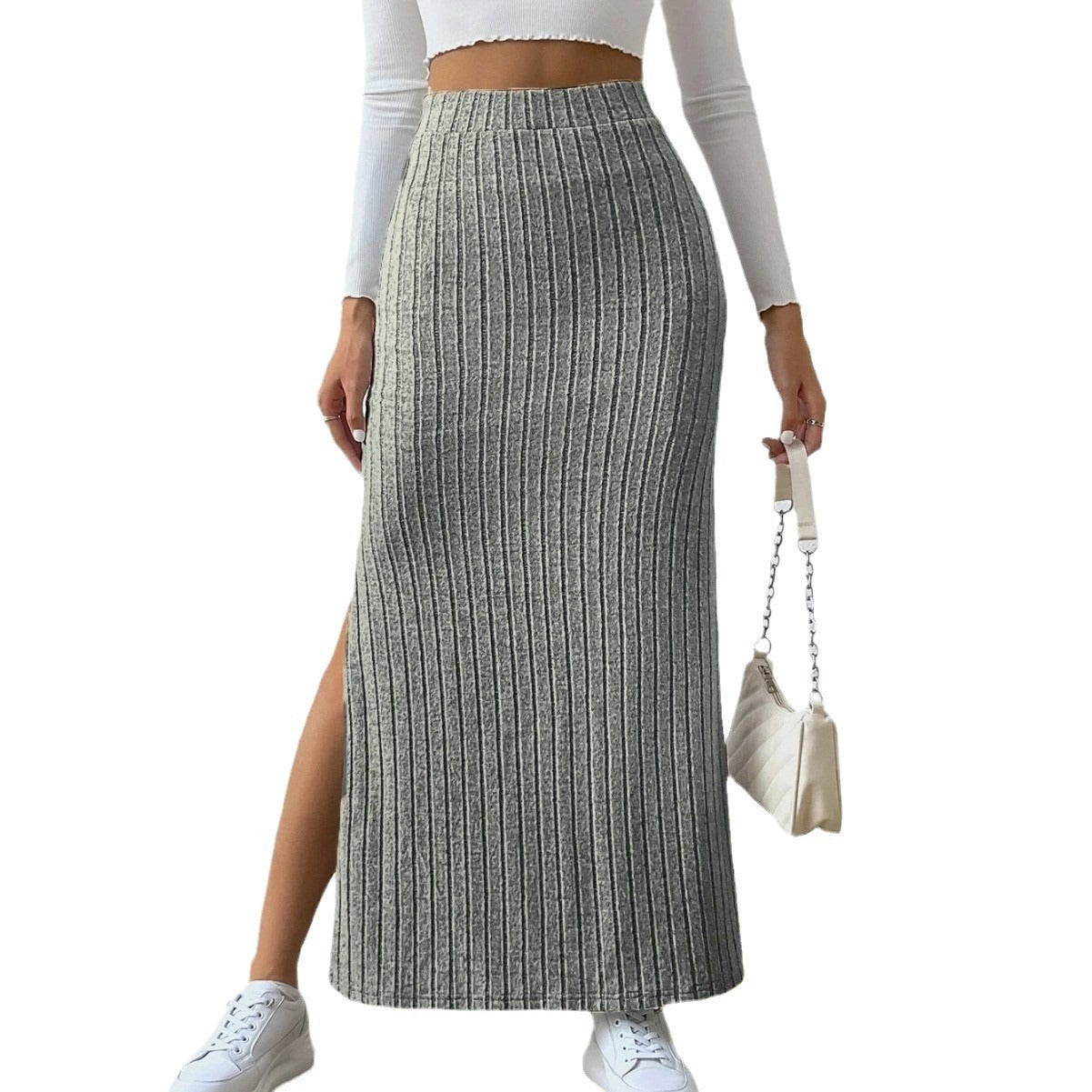 High Waist Side Slit Slim Fit Knitted Skirt - Women's Trendy Culottes