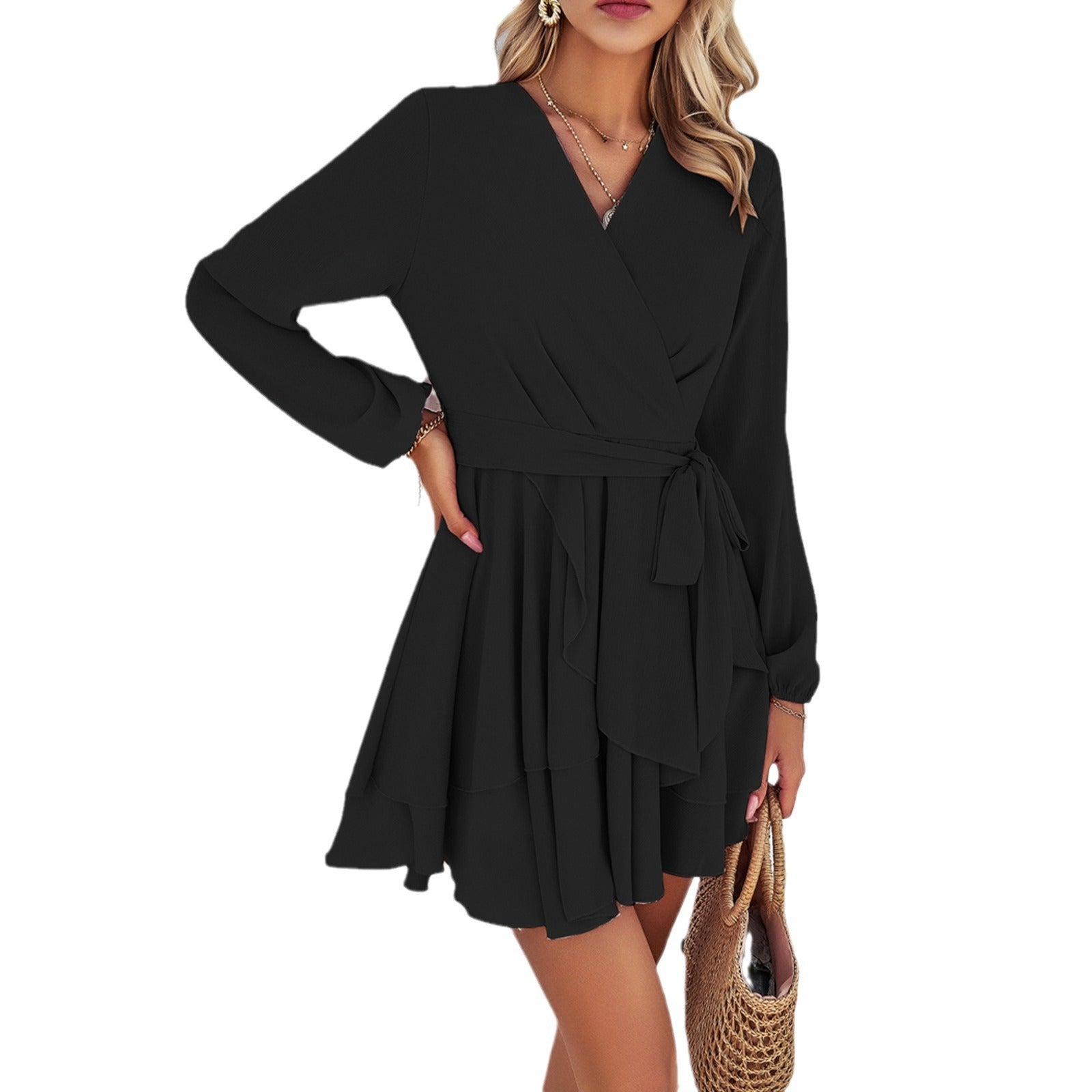 Women's autumn solid color elegant long sleeved dress