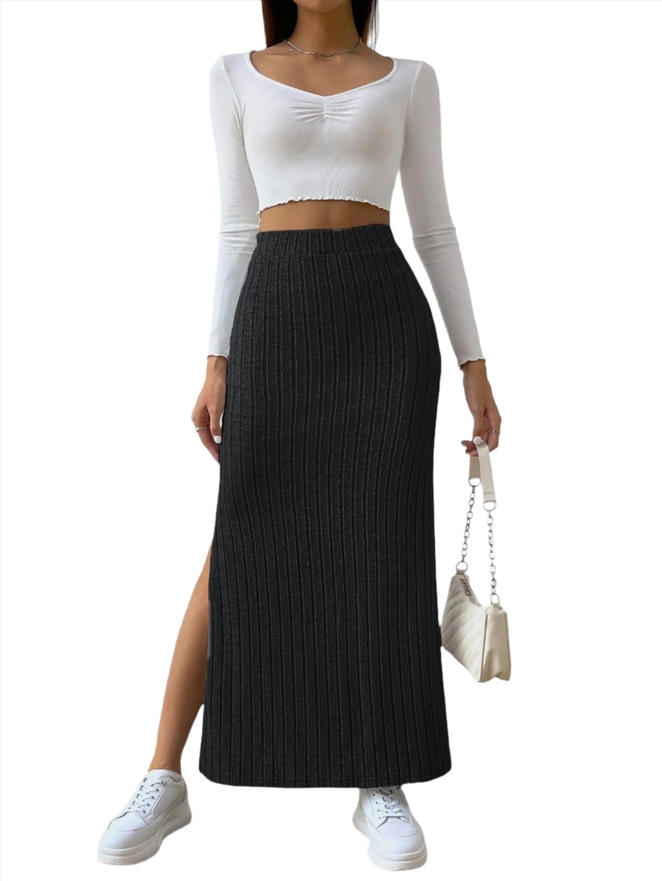 High Waist Side Slit Slim Fit Knitted Skirt - Women's Trendy Culottes