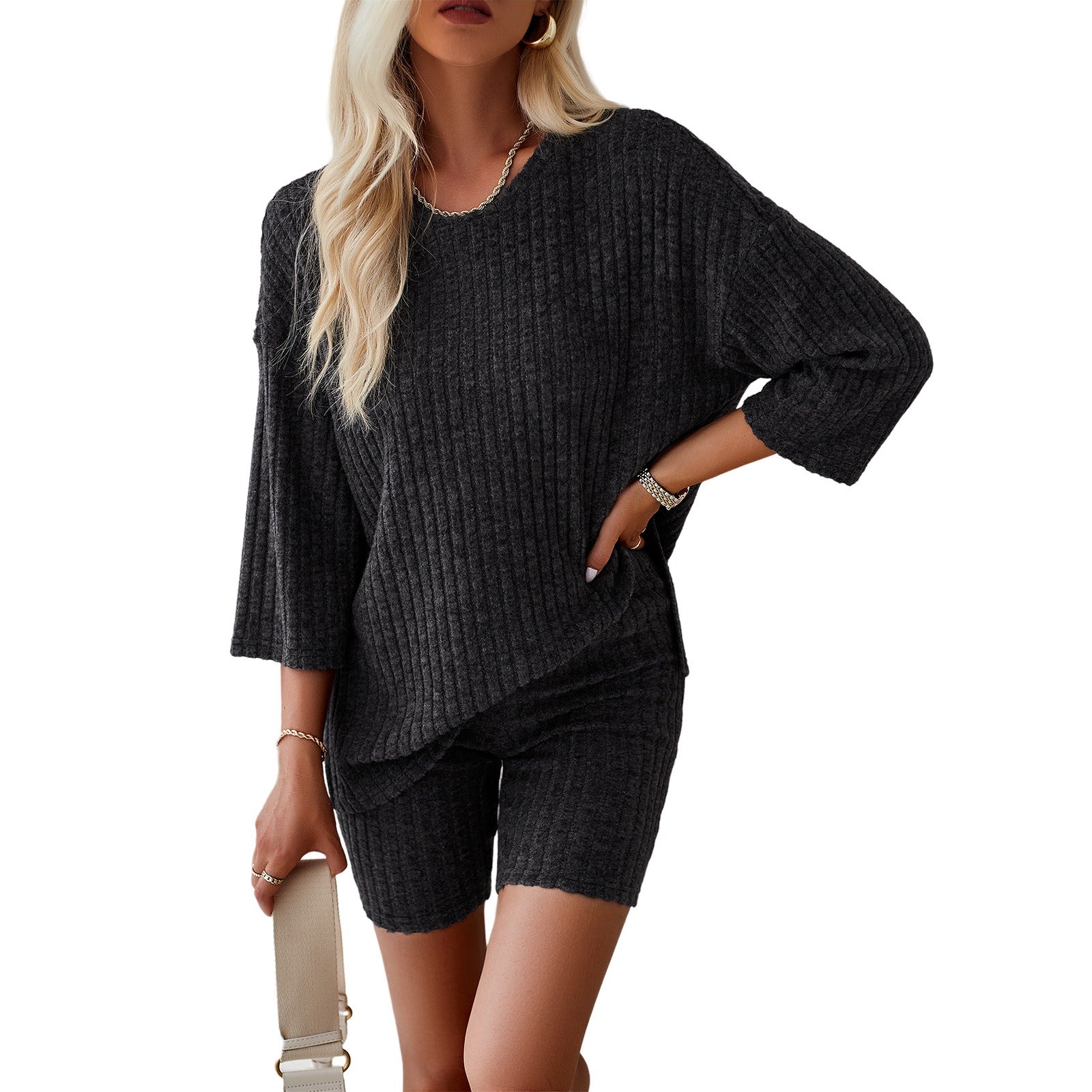 Rib-Knit Lounge Essentials Crew-Neck Pullover and Comfy Bike Shorts