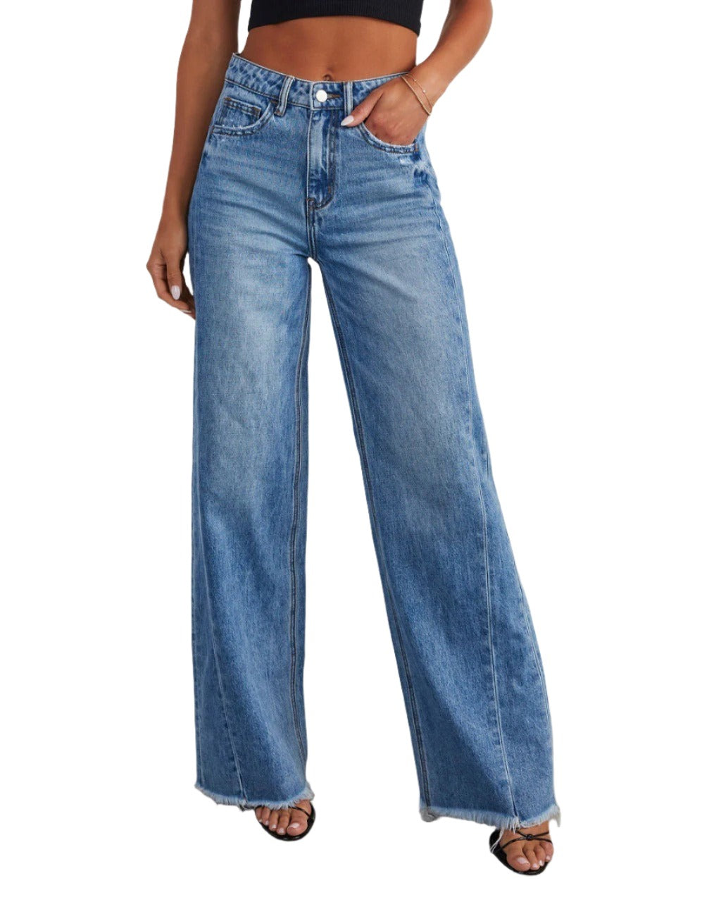 Blue High Rise Tummy Control Vintage Wash Jeans Women Wide Leg Jeans