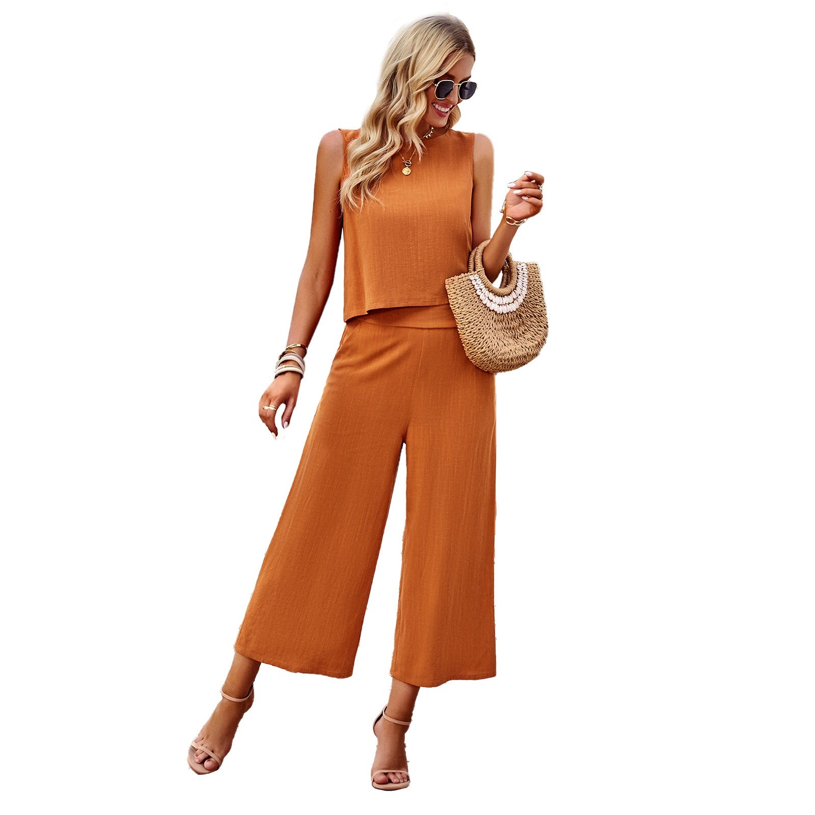 Fashion set, women's summer temperament, sleeveless top, cropped pants, two-piece set