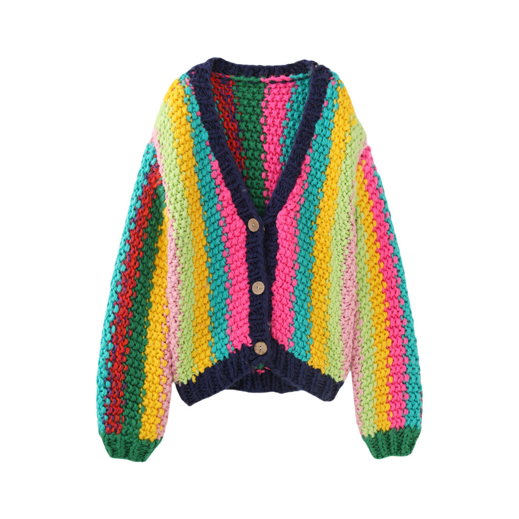 Thickened Knitted Cardigan Coat Sweater Top for Women - Handmade Color Stripe V-Neck Single-Breasted - Womenswear, Knitwear