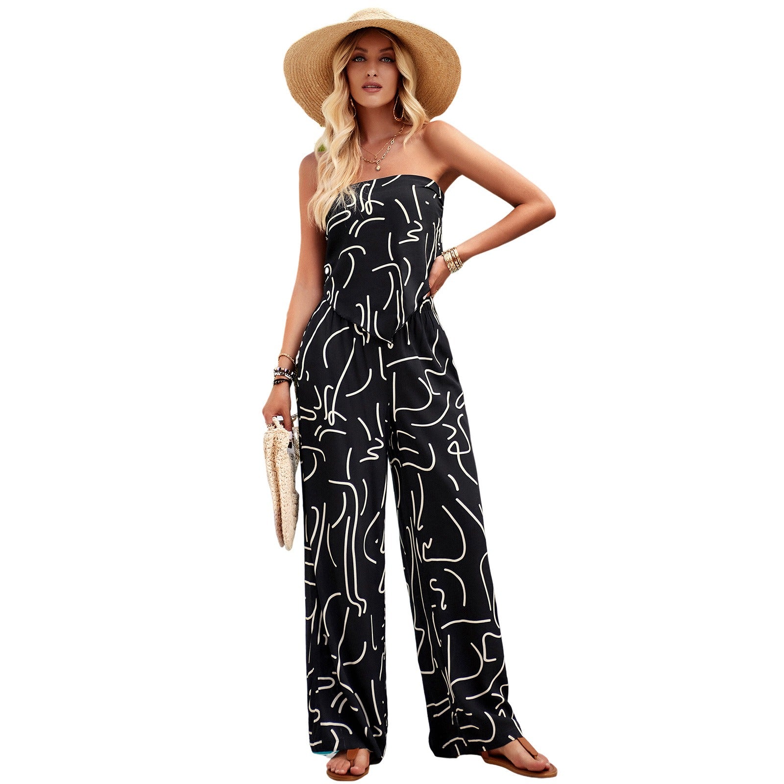 Women's Vacation Casual Random Printed Strap Backless Tube Top And Long Pants Set