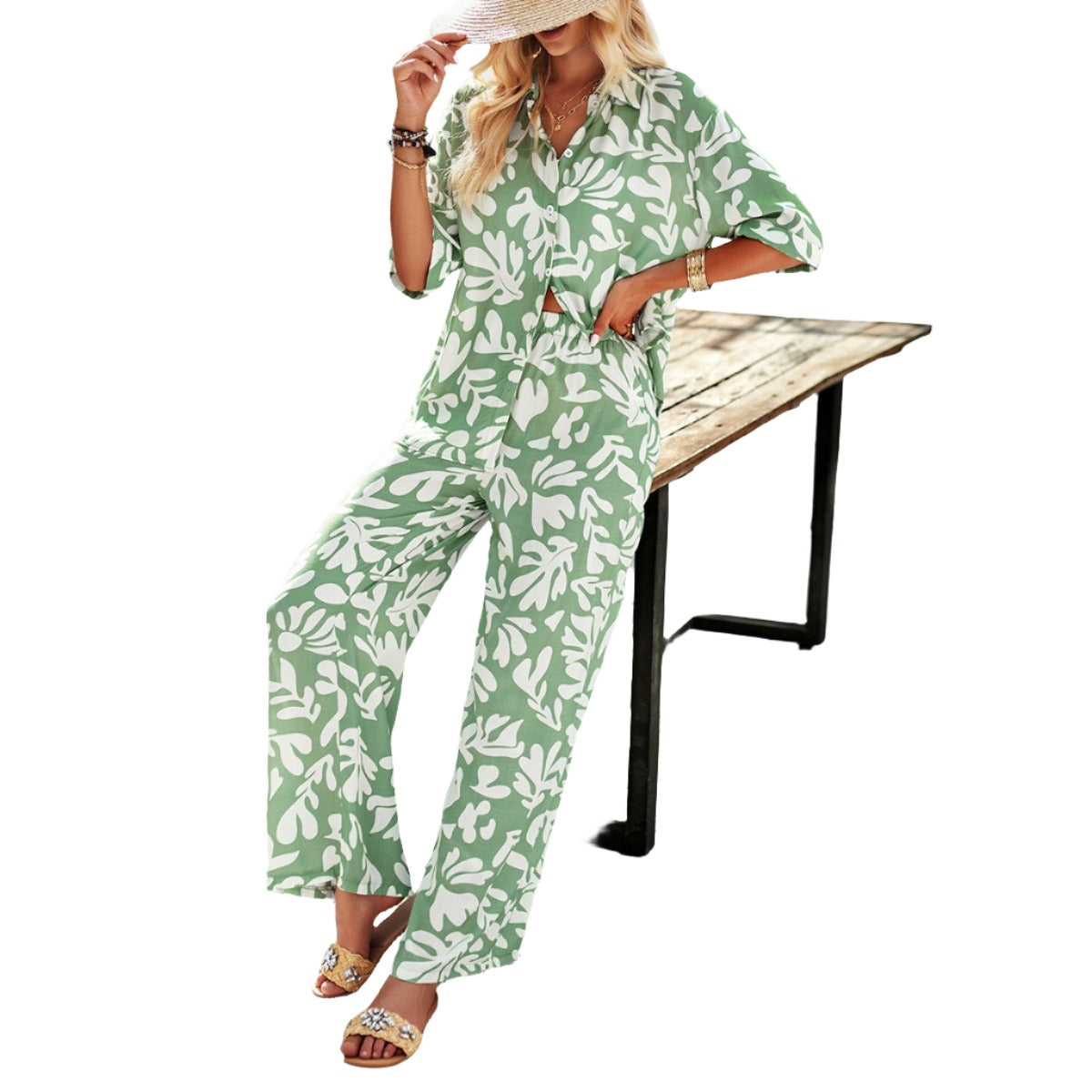 Casual Printed Button Down Top And Straight Leg Bottom Set