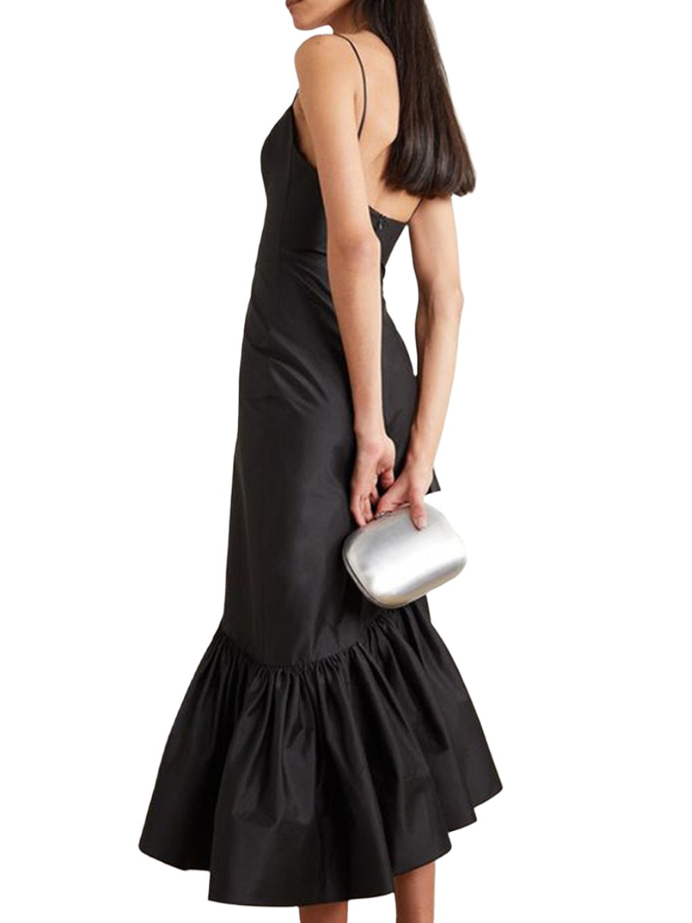 Asymmetrical Ruffle Square Neck Sleeveless Satin Midi Dress for Cocktail Parties