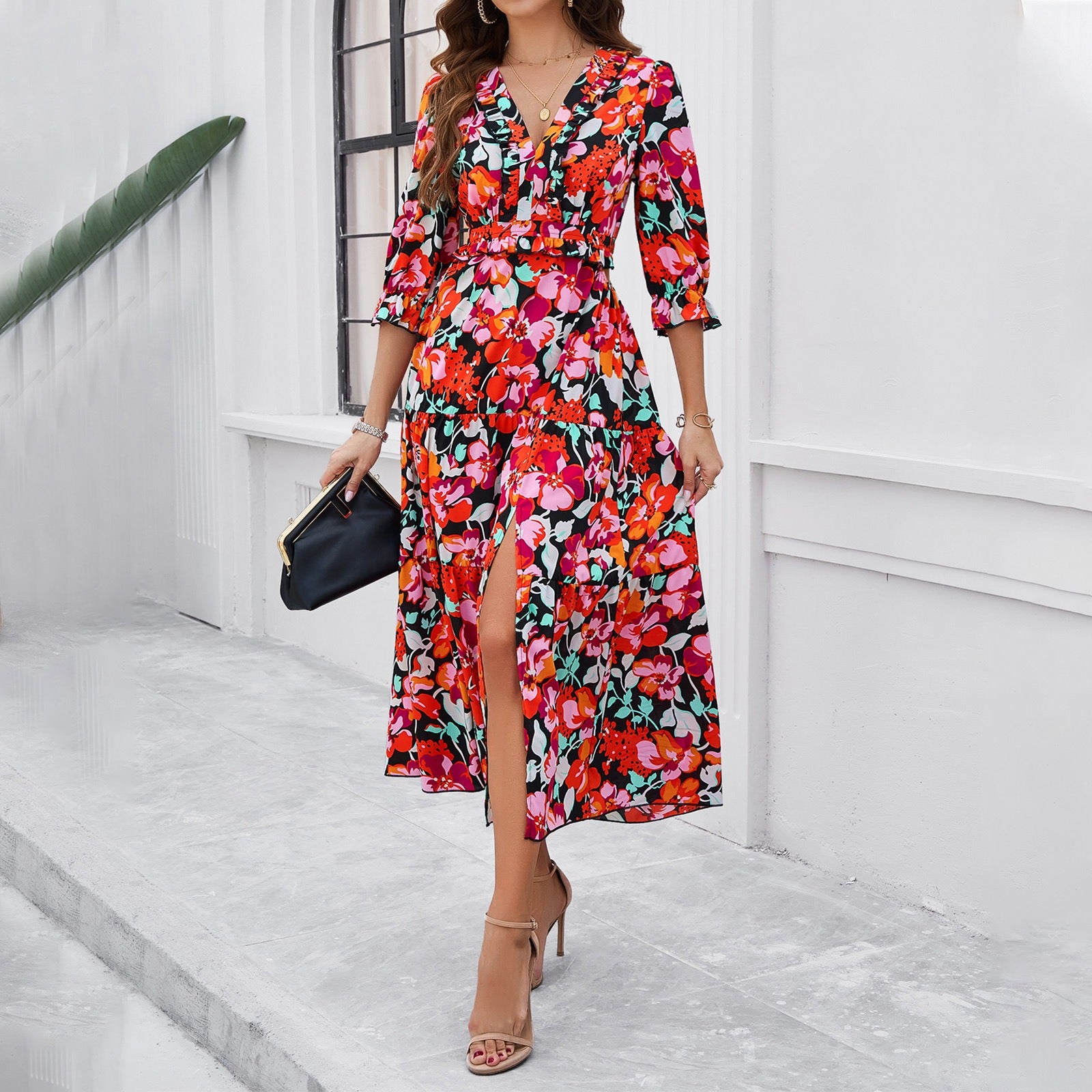 Summer Vacation Leisure Ruffle Edge Printed V-neck Lace Dress