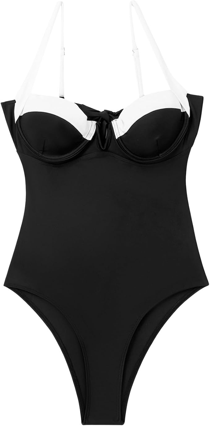 Women's black and white stitching sexy U-neck one-piece bikini swimsuit