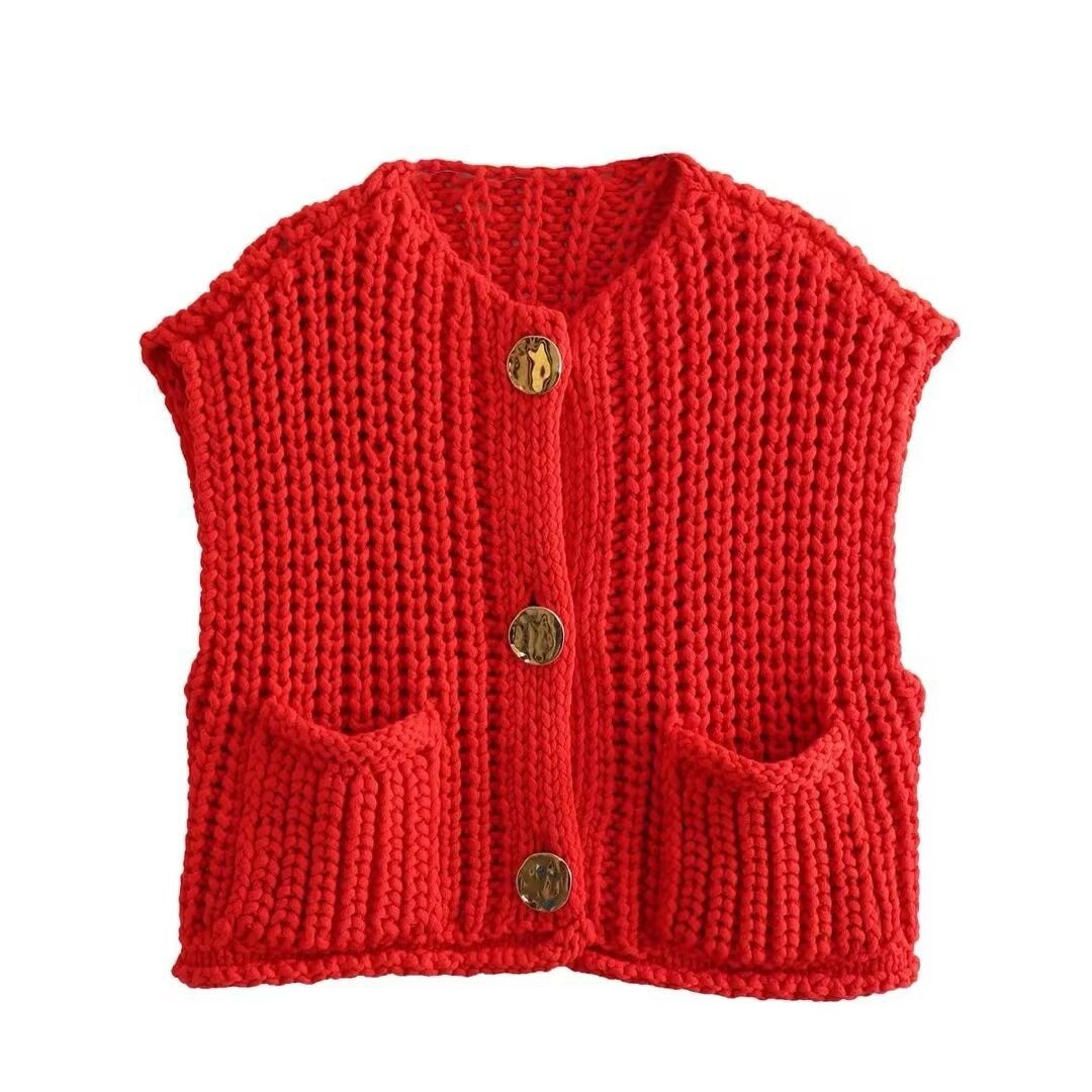 Women's pocket sleeveless short knitted cardigan Vest