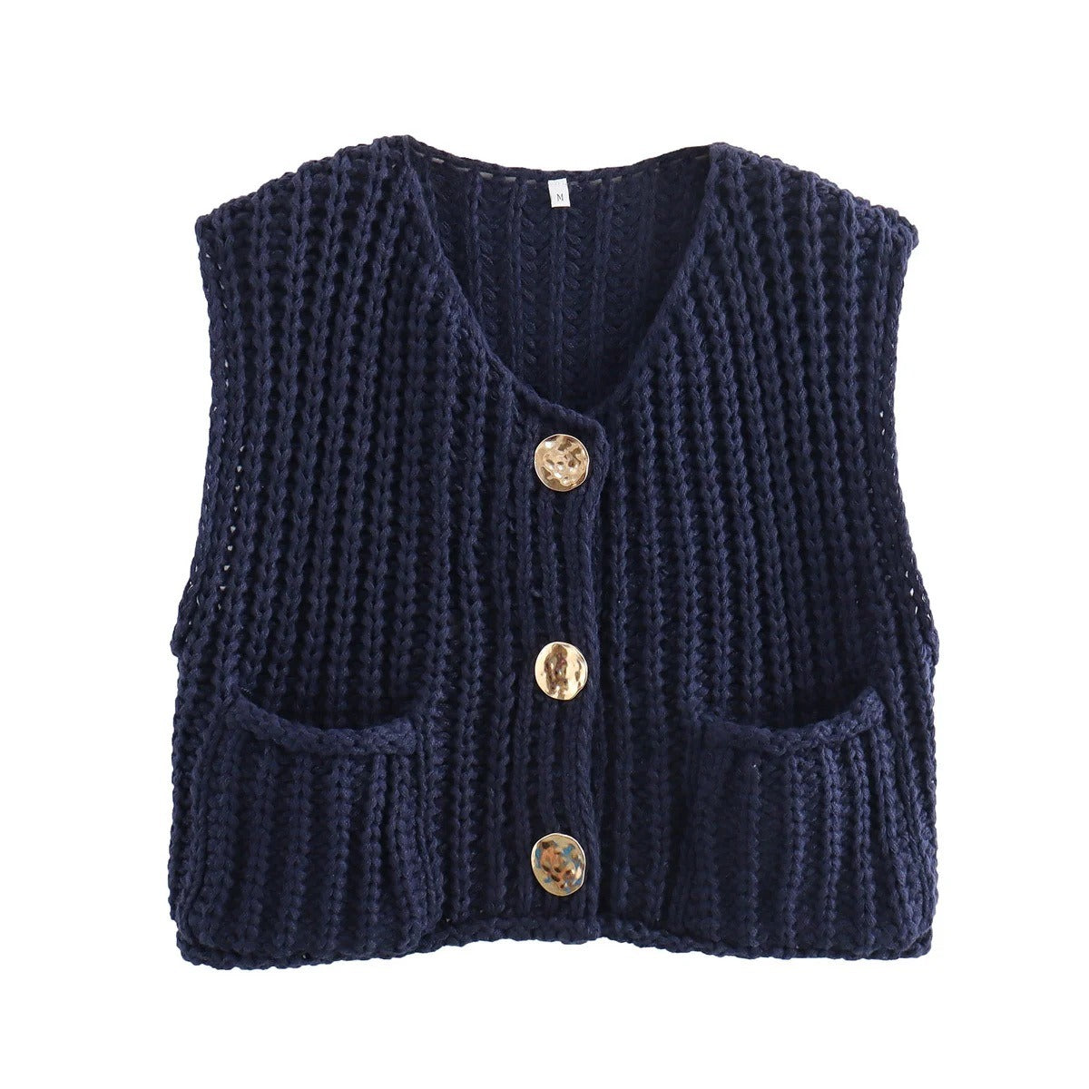 Women's pocket sleeveless short knitted cardigan Vest