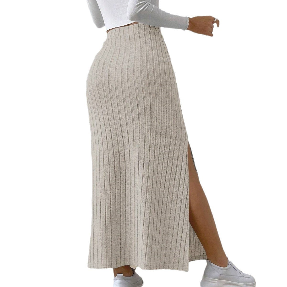 High Waist Side Slit Slim Fit Knitted Skirt - Women's Trendy Culottes