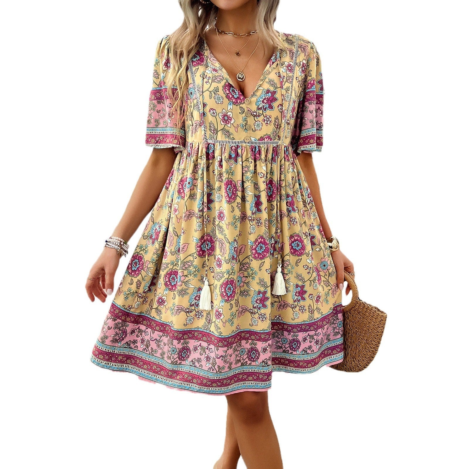 Women Casual Dress V-Neck Floral Printed Summer A-Line Elegant Dresses Boho Short Sleeve Loose Flowy Sundresses