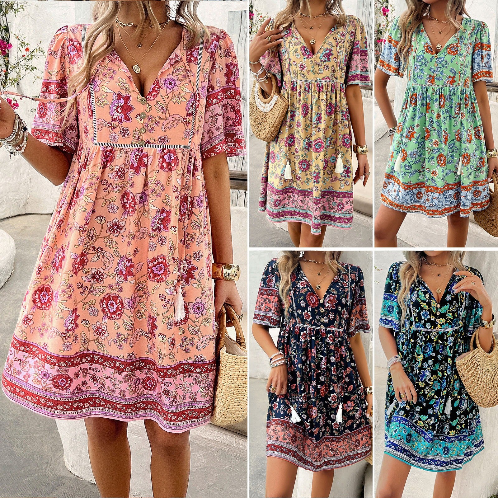 Women Casual Dress V-Neck Floral Printed Summer A-Line Elegant Dresses Boho Short Sleeve Loose Flowy Sundresses