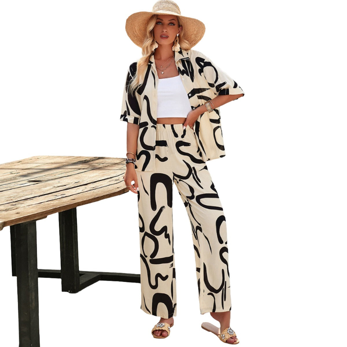 Casual Printed Button Down Top And Straight Leg Bottom Set