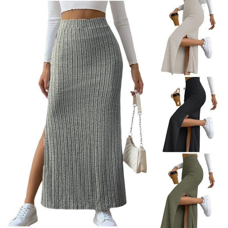 High Waist Side Slit Slim Fit Knitted Skirt - Women's Trendy Culottes