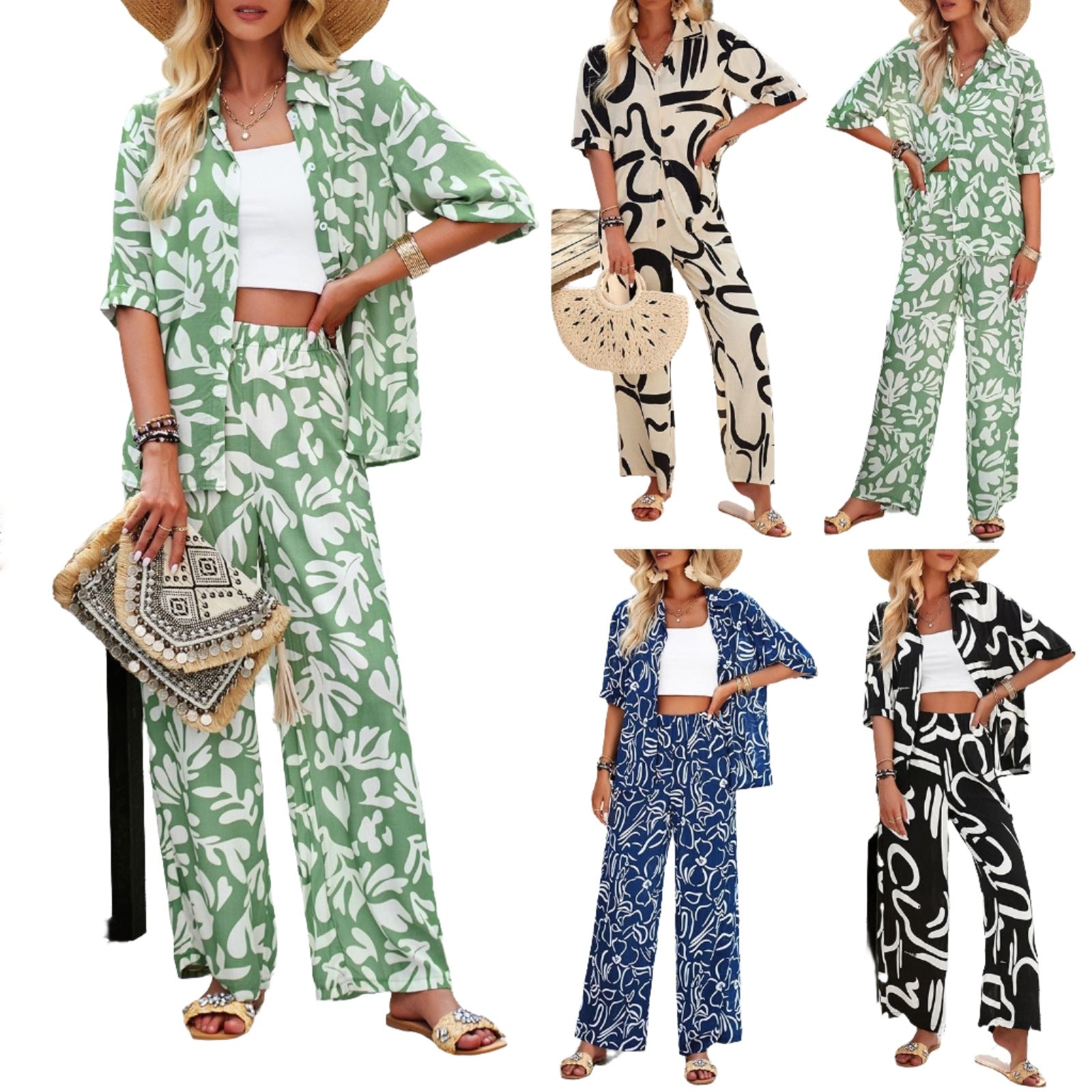 Casual Printed Button Down Top And Straight Leg Bottom Set