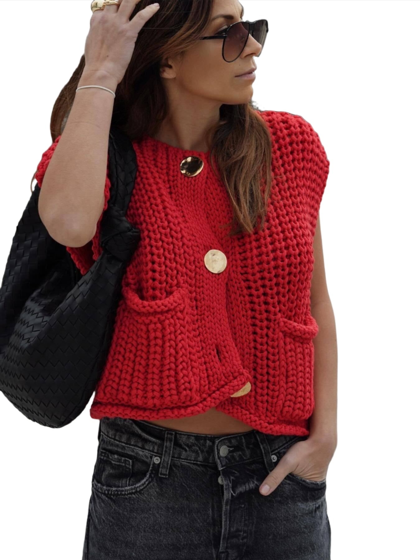 Women's pocket sleeveless short knitted cardigan Vest