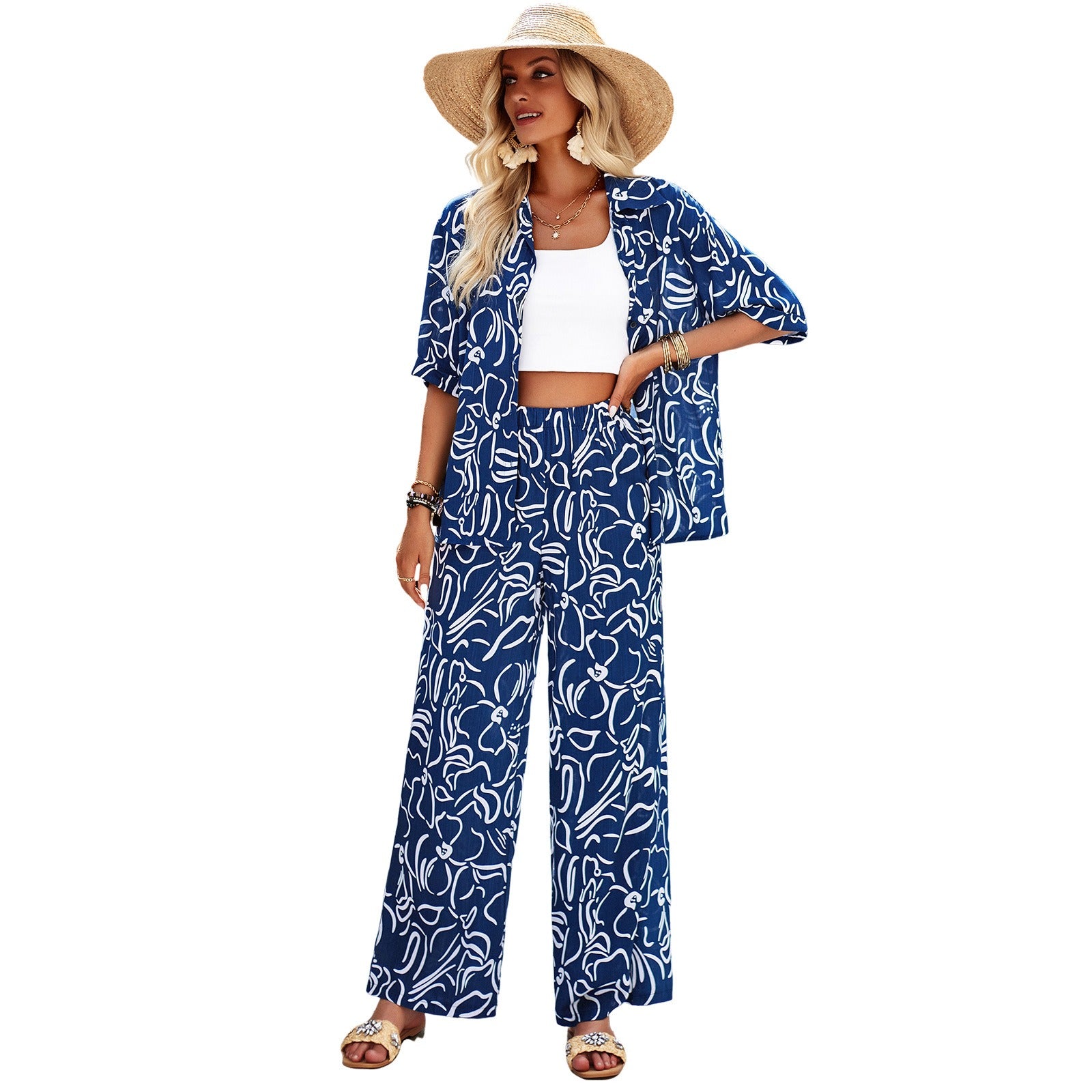 Casual Printed Button Down Top And Straight Leg Bottom Set