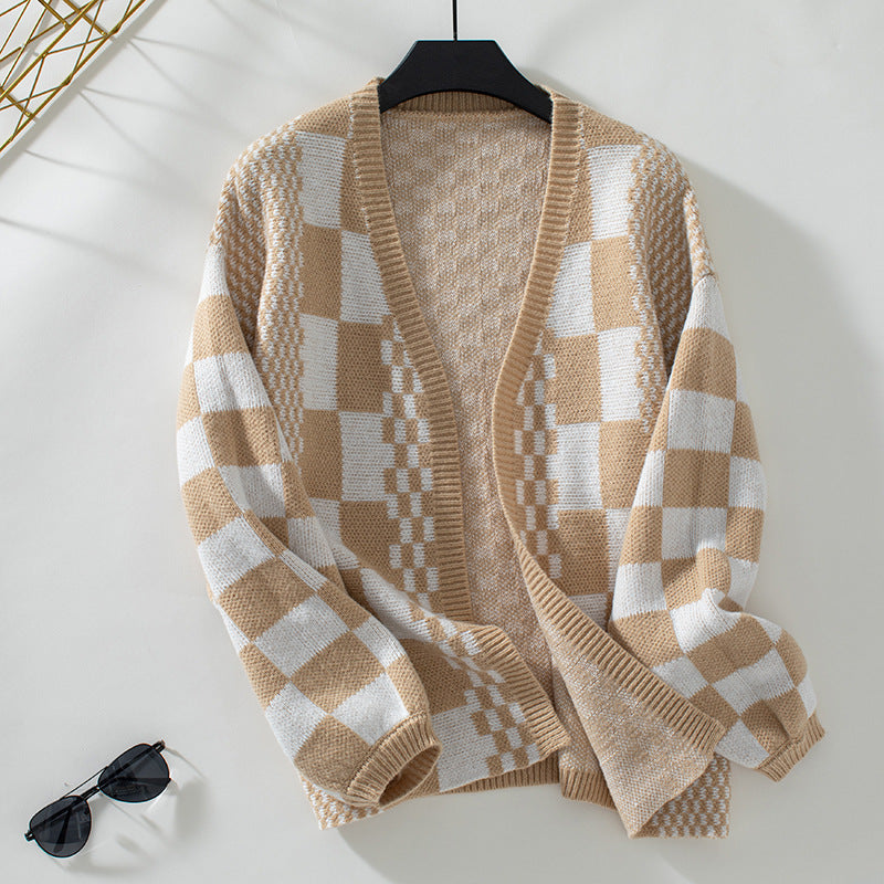 Women's Plaid V-Neck Color Block Cardigan - Casual Knitwear for Autumn/Winter