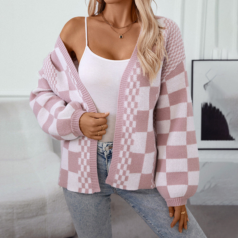 Women's Plaid V-Neck Color Block Cardigan - Casual Knitwear for Autumn/Winter