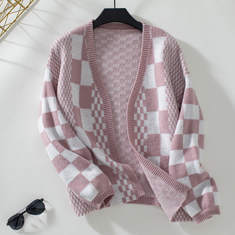 Women's Plaid V-Neck Color Block Cardigan - Casual Knitwear for Autumn/Winter