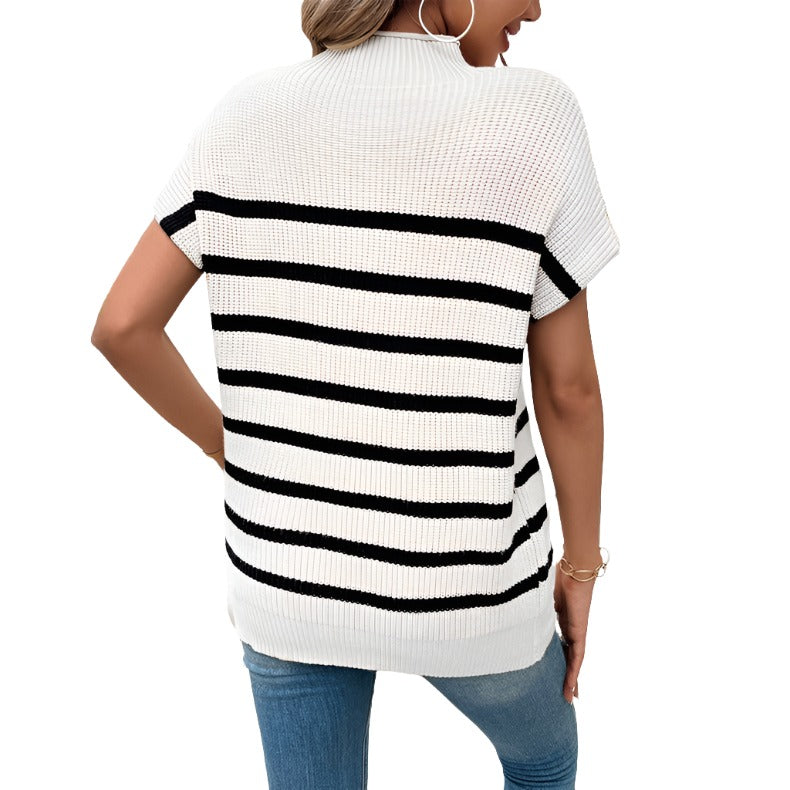 Striped Mock Neck Short Sleeve Sweater