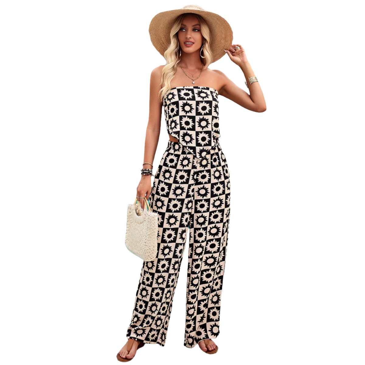 Women's Vacation Casual Random Printed Strap Backless Tube Top And Long Pants Set