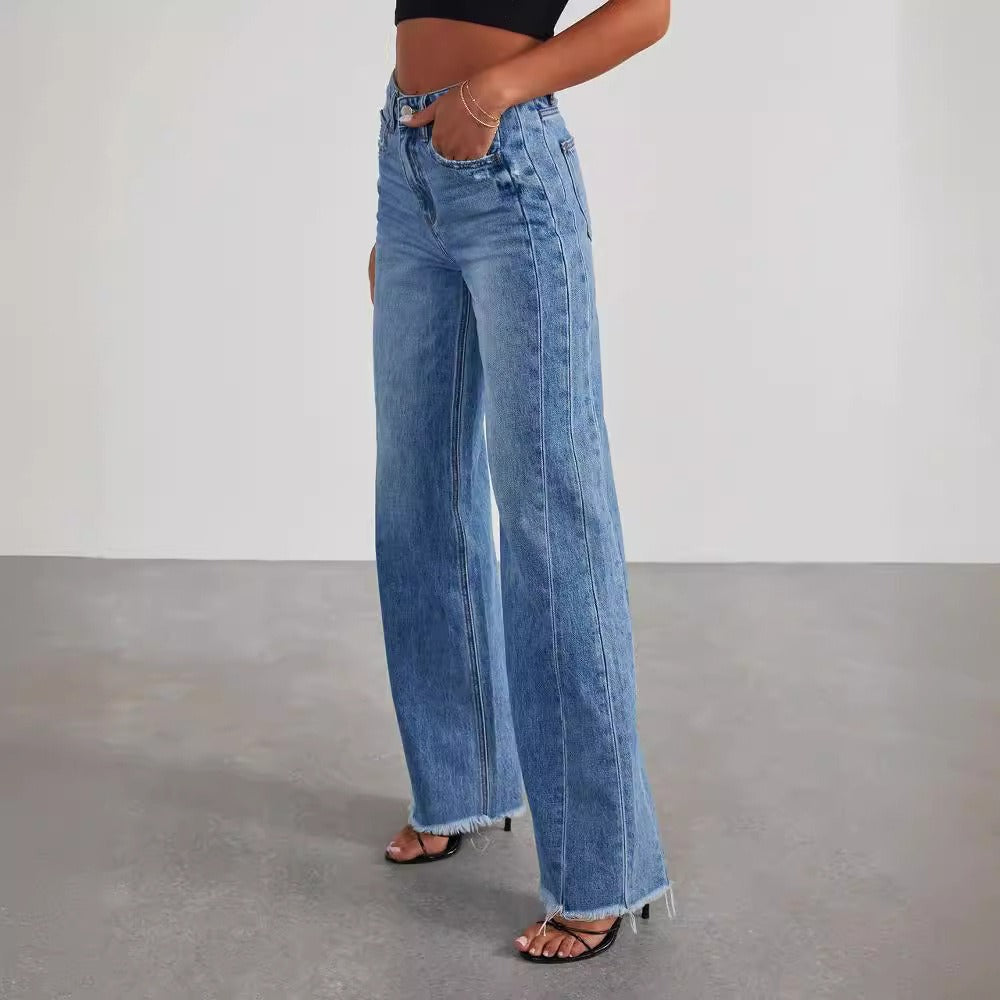 Blue High Rise Tummy Control Vintage Wash Jeans Women Wide Leg Jeans