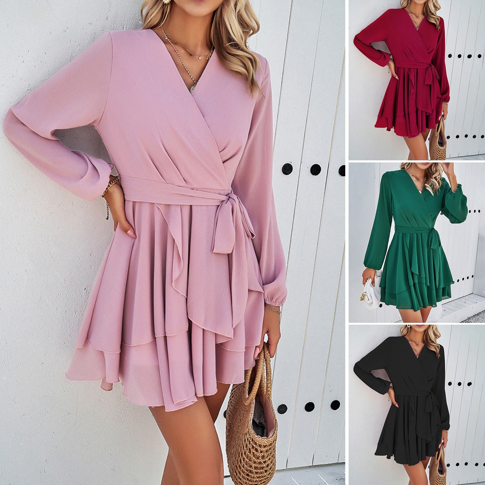 Women s autumn solid color elegant long sleeved dress