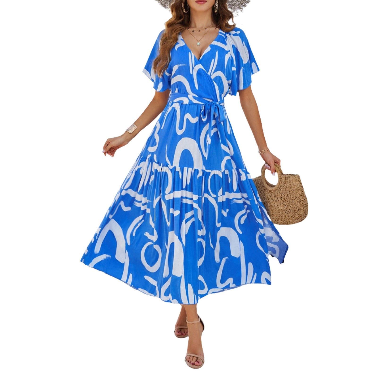 Short Sleeve Irregular Pattern Print Dress