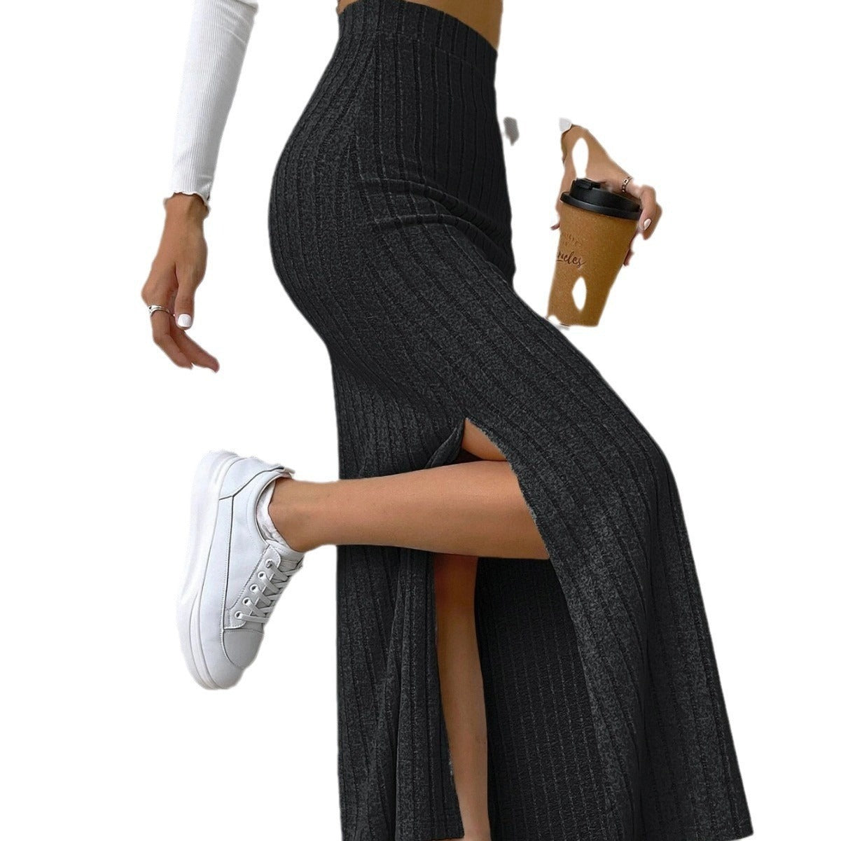 High Waist Side Slit Slim Fit Knitted Skirt - Women's Trendy Culottes