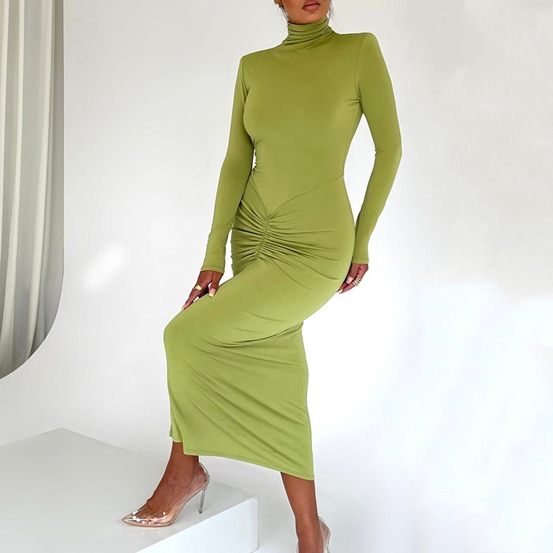 Winter New Half-high Neck Green Dress Long-Sleeved Dress Fashion Sexy Spicy Temperament Tight Long Purple Dresses