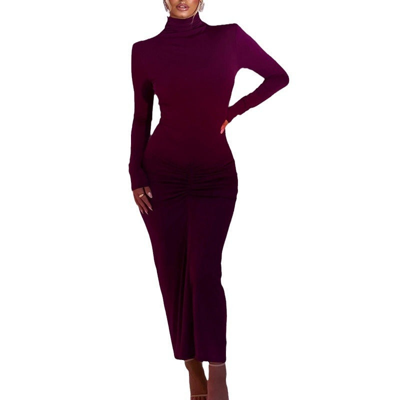 Winter New Half-high Neck Green Dress Long-Sleeved Dress Fashion Sexy Spicy Temperament Tight Long Purple Dresses