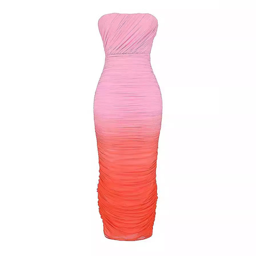 Strapless Mesh Gradient Mid-Length Dress - Perfect for Romantic Dinner Dates & Weddings