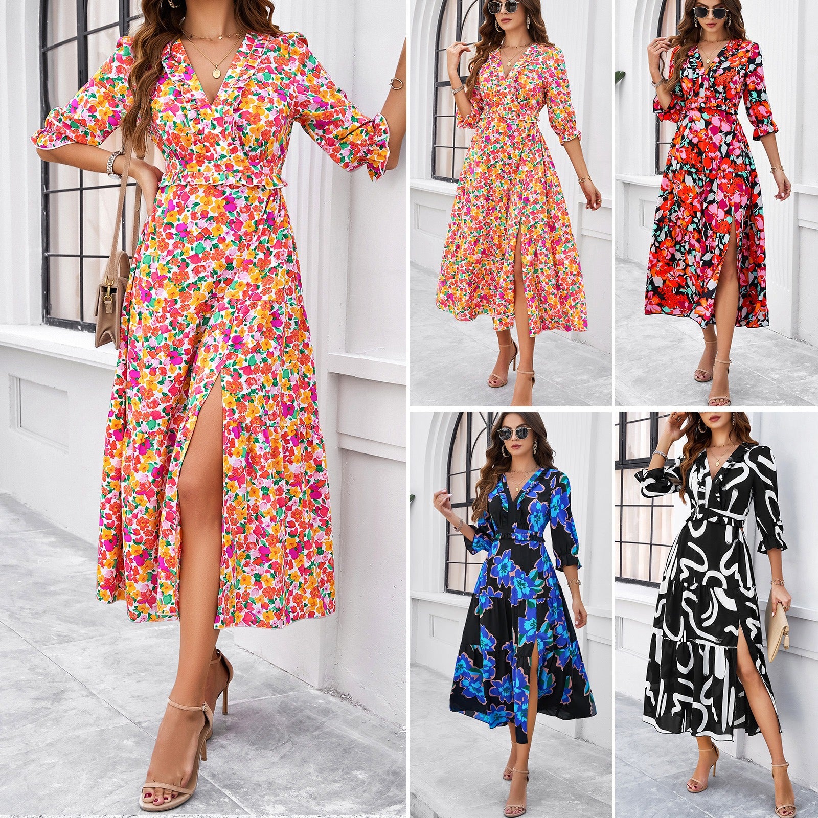 Summer Vacation Leisure Ruffle Edge Printed V-neck Lace Dress